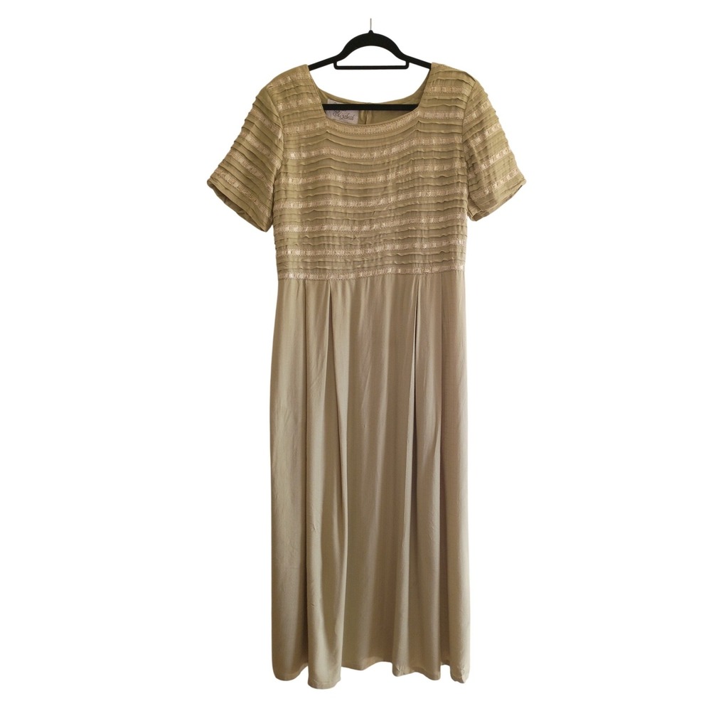 Sarah Elizabeth Vintage Green Rayon‎ Pleated Ribbon Trim Midi Dress Size 16